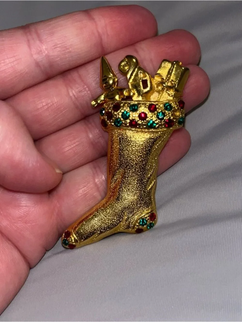 Vintage Gold Stocking Brooch with Red & Green Accents
